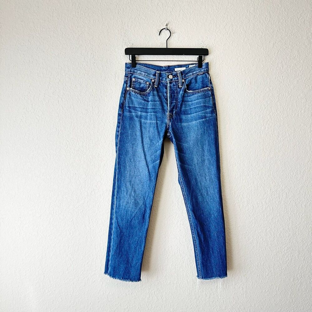 NOEND High Rise Straight Cropped Jeans Blue Denim Frayed Cotton